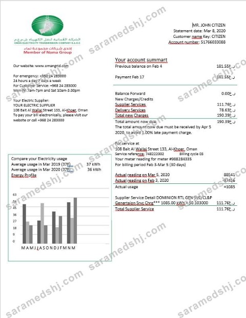 Oman Oman Electricity Transmission Company electricity bill in Word format